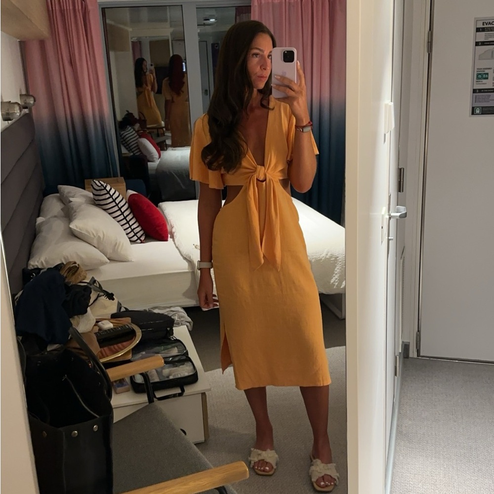 Summer Journey Light Orange Tie-Front Cutout Midi Dress